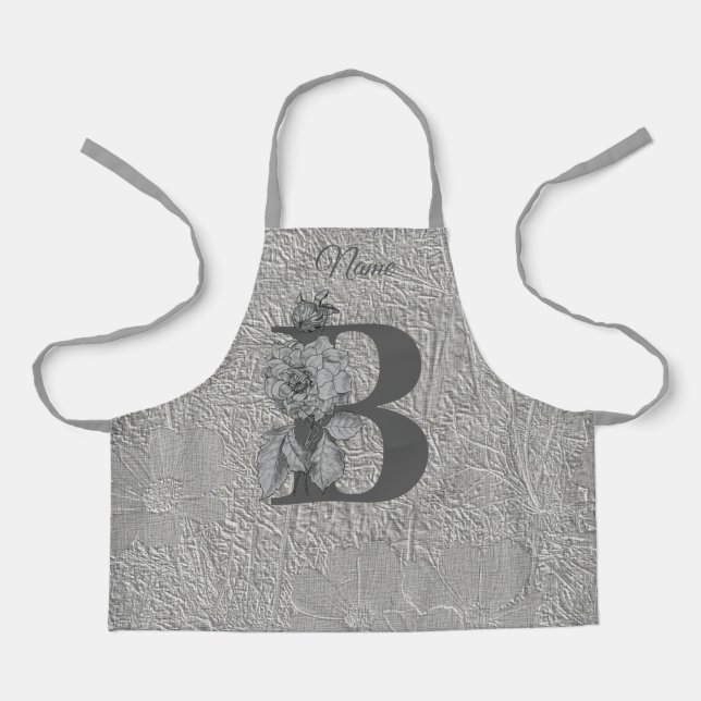 Silver Peony Elegant Monogram Initial B Name    Apron (Front)