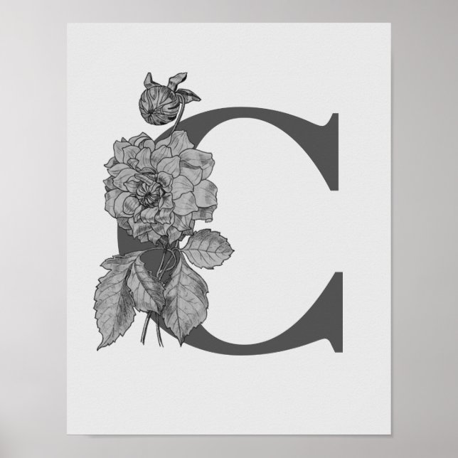 Silver Peony Elegant Monogram Initial C Poster (Front)