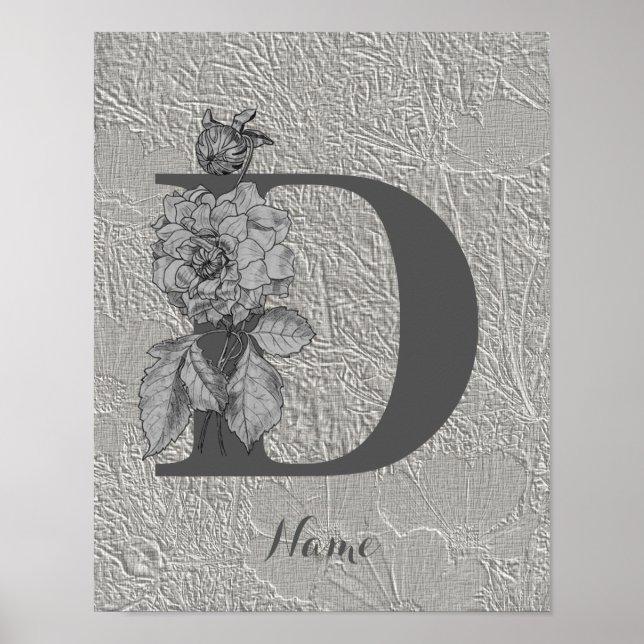 Silver Peony Elegant Monogram Initial D Your Name Poster (Front)