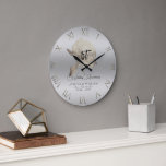 Silver Peony Frosted Glass Wedding Anniversary Large Clock<br><div class="desc">An elegant, personalized wedding anniversary keepsake clock featuring a hand-drawn sketch of a peony blossom with silver foil (this is a digital effect, not real foil) over a frosted glass background (this is also a digital effect); modern typography and a dash of modern calligraphy in the anniversary number. A nice...</div>