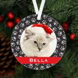 Silver Pet Paw Prints Red Custom Cat Name Photo Ornament<br><div class="desc">This elegant custom holiday ornament can be personalized with a cute photo of your pet cat (or dog) and their first name. Includes a soft black background colour with a red monogram stripe and silver paw print pattern. Makes a unique Christmas gift for cat lovers or to celebrate kitty's first...</div>