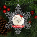 Silver Pet Paw Prints Red Custom Cat Name Photo Snowflake Pewter Christmas Ornament<br><div class="desc">This elegant custom holiday ornament can be personalized with a cute photo of your pet cat (or dog) and their first name. Includes a soft black background colour with a red monogram stripe and silver paw print pattern. Makes a unique Christmas gift for cat lovers or to celebrate kitty's first...</div>