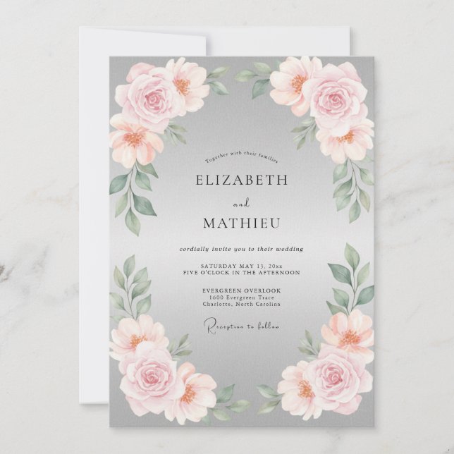 Silver Petal Pink Leafy Wedding Invitation (Front)