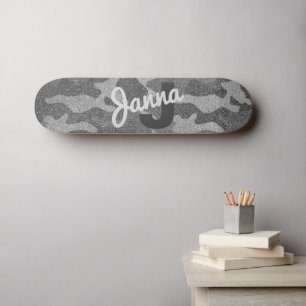 Silver & Pewter Camouflage Glitter Monogrammed Skateboard