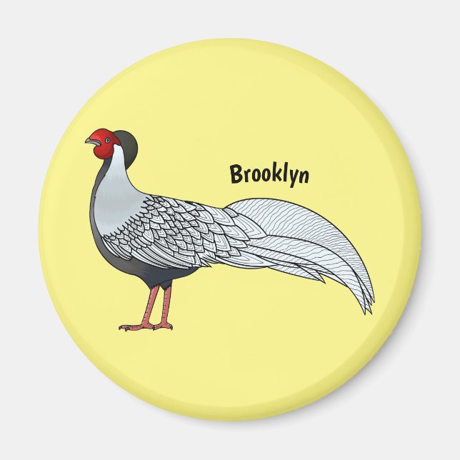 Silver pheasant bird cartoon illustration magnet (Front)