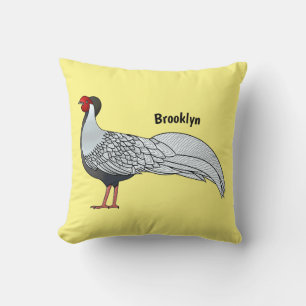 Silver pheasant bird cartoon illustration  throw pillow