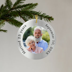 Silver photo 25th wedding anniversary ceramic ornament
