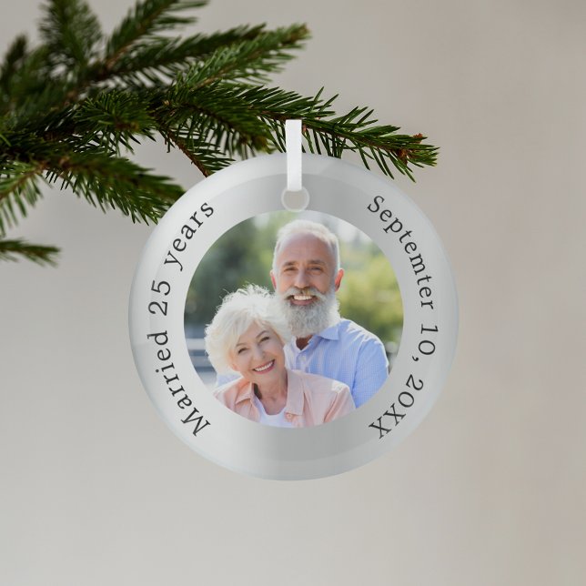 Silver photo 25th wedding anniversary glass ornament (Creator Uploaded)