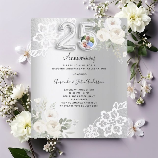Silver photo 25th wedding anniversary invitation (Creator Uploaded)