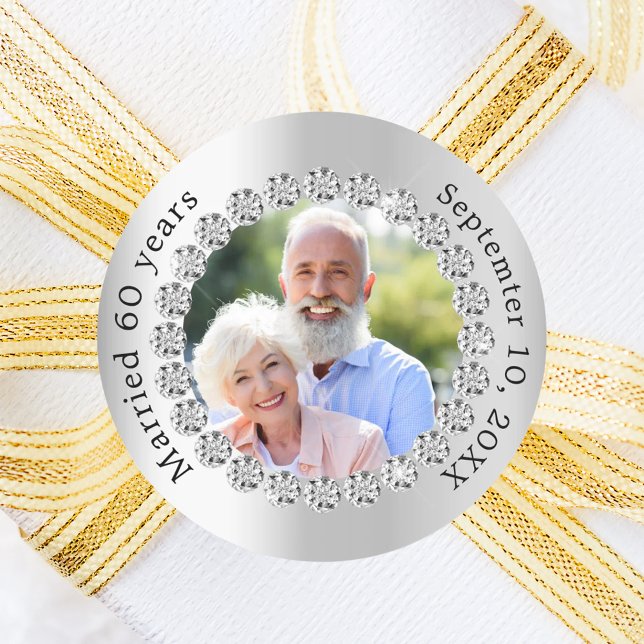 Silver photo 60th diamond wedding anniversary classic round sticker (Creator Uploaded)
