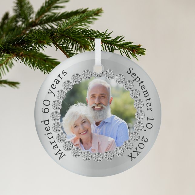 Silver photo 60th diamond wedding anniversary glass ornament (Creator Uploaded)