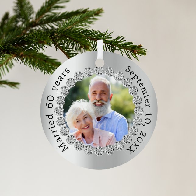 Silver photo 60th diamond wedding anniversary metal ornament (Creator Uploaded)