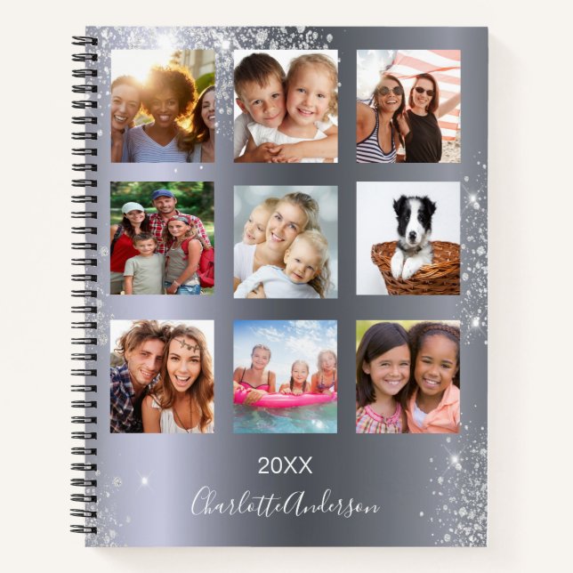 Silver photo collage monogram glitter notebook (Front)
