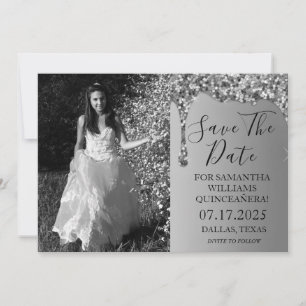 Silver Photo Sparkle Glitter Drips Quinceanera Save The Date