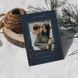 Silver Pine | Elegant Christmas Photo Foil Holiday Card<br><div class="desc">A modern and elegant Christmas holiday card design featuring a single vertical photo on a navy blue background. Two tall pine trees frame your photo,  adorned with silver foil detailing. Personalize with your custom holiday greeting,  family name and the year.</div>