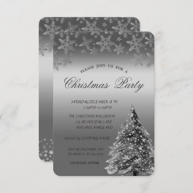 Silver Pine Tree,Dots Snowflakes Christmas Party  Invitation (Front/Back)