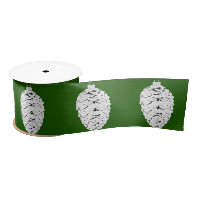 Silver Pinecone Green Ribbon Satin Ribbon (Spool)