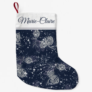 Silver Pinecone Navy Blue Personalized Snowy Small Christmas Stocking