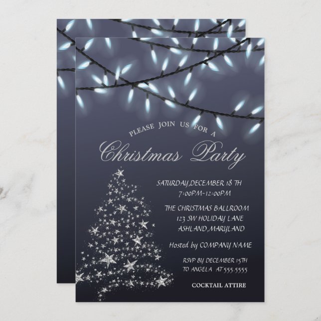 Silver PineTree,String Lights Christmas Party Invitation (Front/Back)