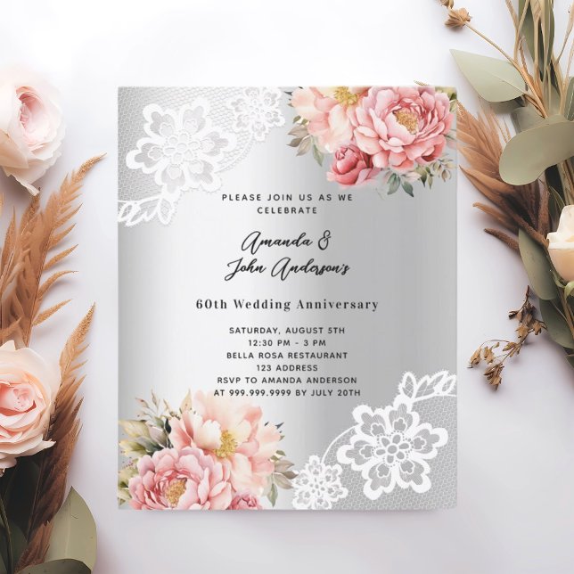 Silver pink 60th wedding anniversary invitation (Creator Uploaded)