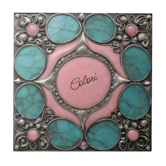Silver Pink and turquoise stone art Tile