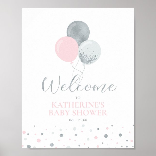 Silver & Pink Balloons | Girl Baby Shower Welcome Poster (Front)