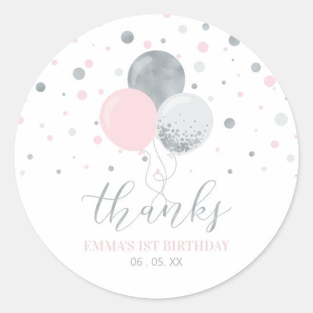 Silver & Pink Balloons | Party Favour Thank you Cl Classic Round Sticker (Front)