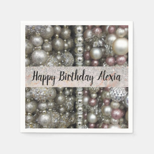 Silver Pink Beads Glitter Birthday Personalized Napkin