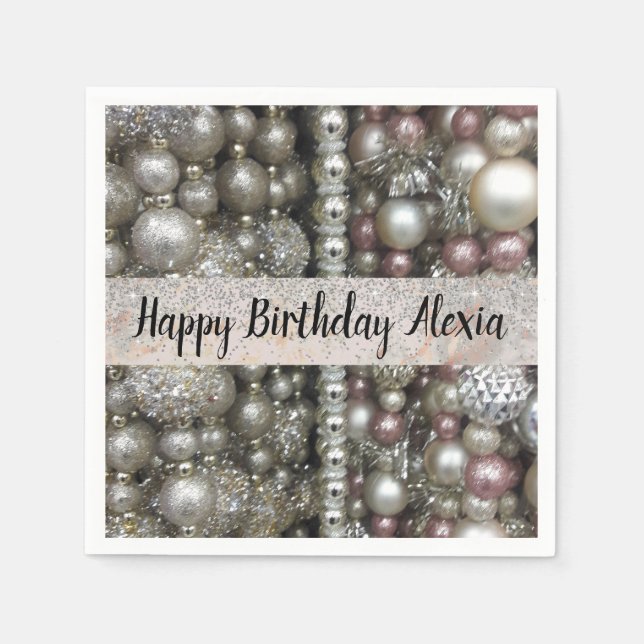 Silver Pink  Beads Glitter Birthday Personalized   Napkin (Front)
