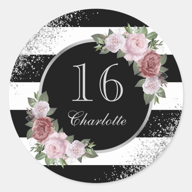 Silver Pink Black Floral Sweet 16 Birthday Classic Round Sticker (Front)