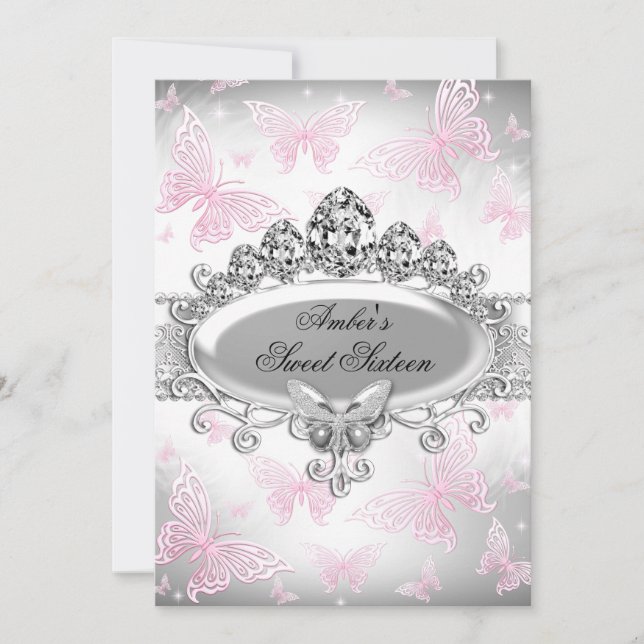 Silver & Pink Butterfly Sweet Sixteen Invite (Front)