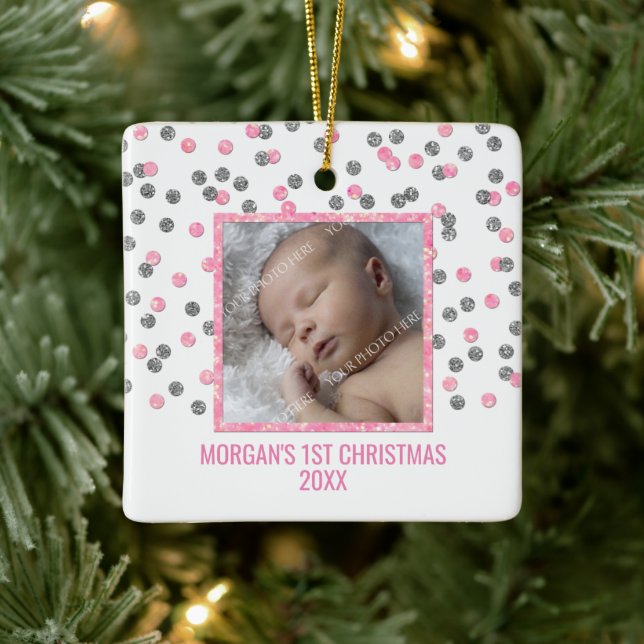 Silver Pink Confetti Baby's First Christmas Photo Ceramic Ornament (Tree)