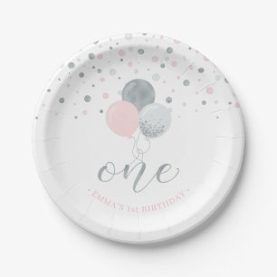 Silver & Pink Confetti Balloons 1st Birthday Party Paper Plate