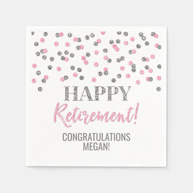 Silver Pink Confetti Happy Retirement Napkin (Front)