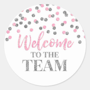 Silver Pink Confetti Welcome to the Team Classic Round Sticker