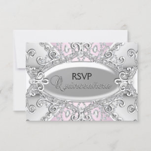 Silver & Pink Diamond Damask Quinceanera RSVP Card