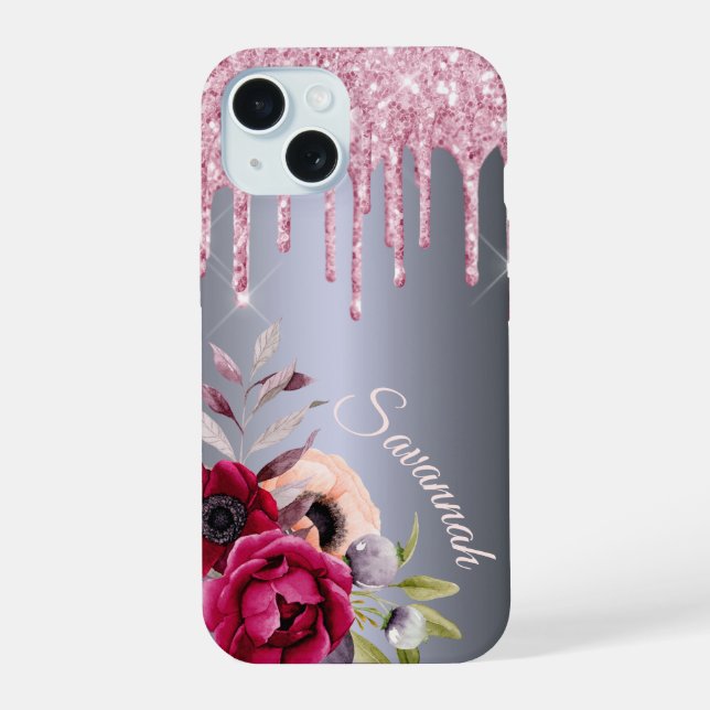 Silver pink drips floral name script iPhone 15 case (Back)