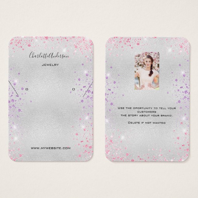 Silver pink earrings photo display card (Front & Back)