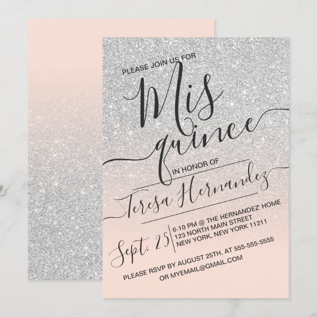 Silver Pink Faux Sparkly Glitter Ombre Quinceañera Invitation (Front/Back)