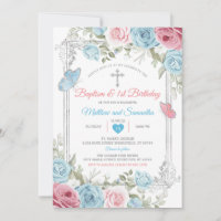 Silver Pink Floral Baby Blue Baptism 1st Birthday