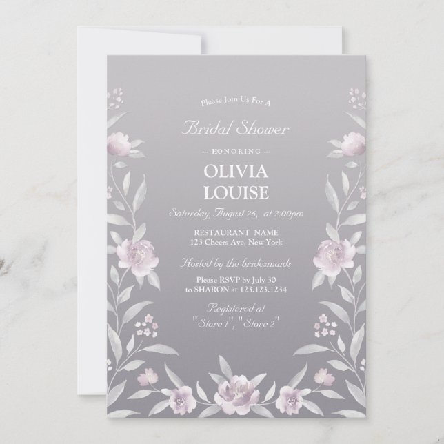 Silver pink floral Chinoiserie bridal shower Invitation (Front)