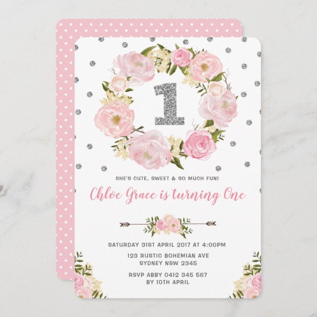 Silver Pink Floral First 1st Birthday Party Invite (Front/Back)