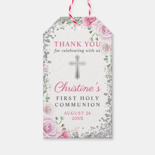 Silver Pink Floral First Holy Communion Thank You Gift Tags