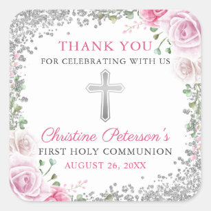 Silver Pink Floral First Holy Communion Thank You Square Sticker
