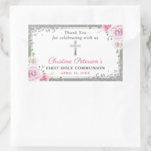 Silver Pink Floral First Holy Communion Thank You Sticker