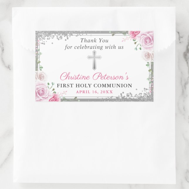 Silver Pink Floral First Holy Communion Thank You Sticker (Bag)