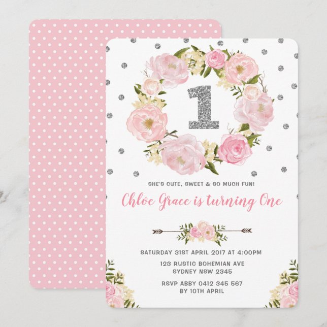 Silver Pink Floral Premier Invitation de fête d'an (Devant / Derrière)