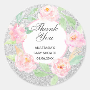 Silver & Pink Floral Wreath Thank You Baby Shower Classic Round Sticker
