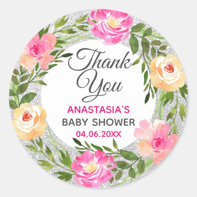 Silver & Pink Floral Wreath Thank You Baby Shower Classic Round Sticker (Front)