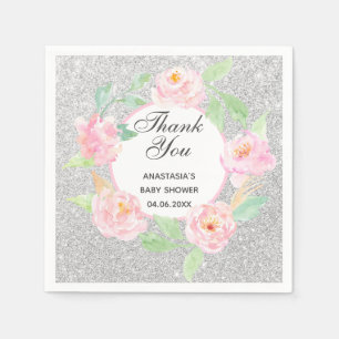 Silver & Pink Floral Wreath Thank You Baby Shower Napkin